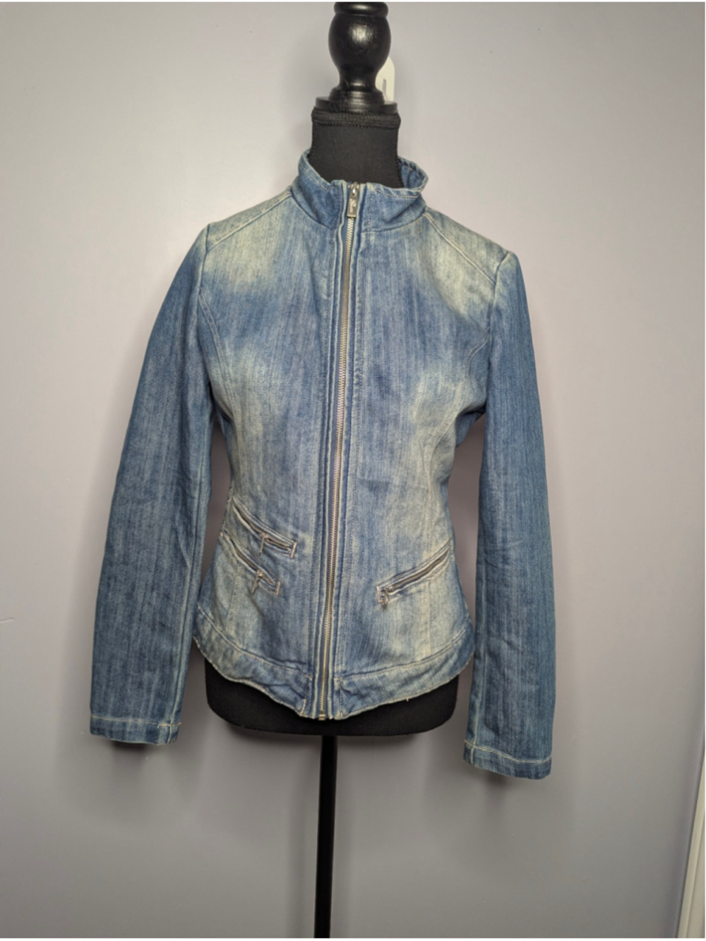 Vintage GUESS Blue Denim Moto Jacket Full Zip Up Biker Jean Coat Womens M